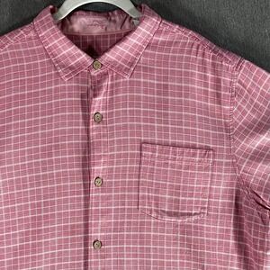 Tommy Bahama Bungalow Plaid Mens XL Pink 100% Silk Camp Shirt Coastal Resort